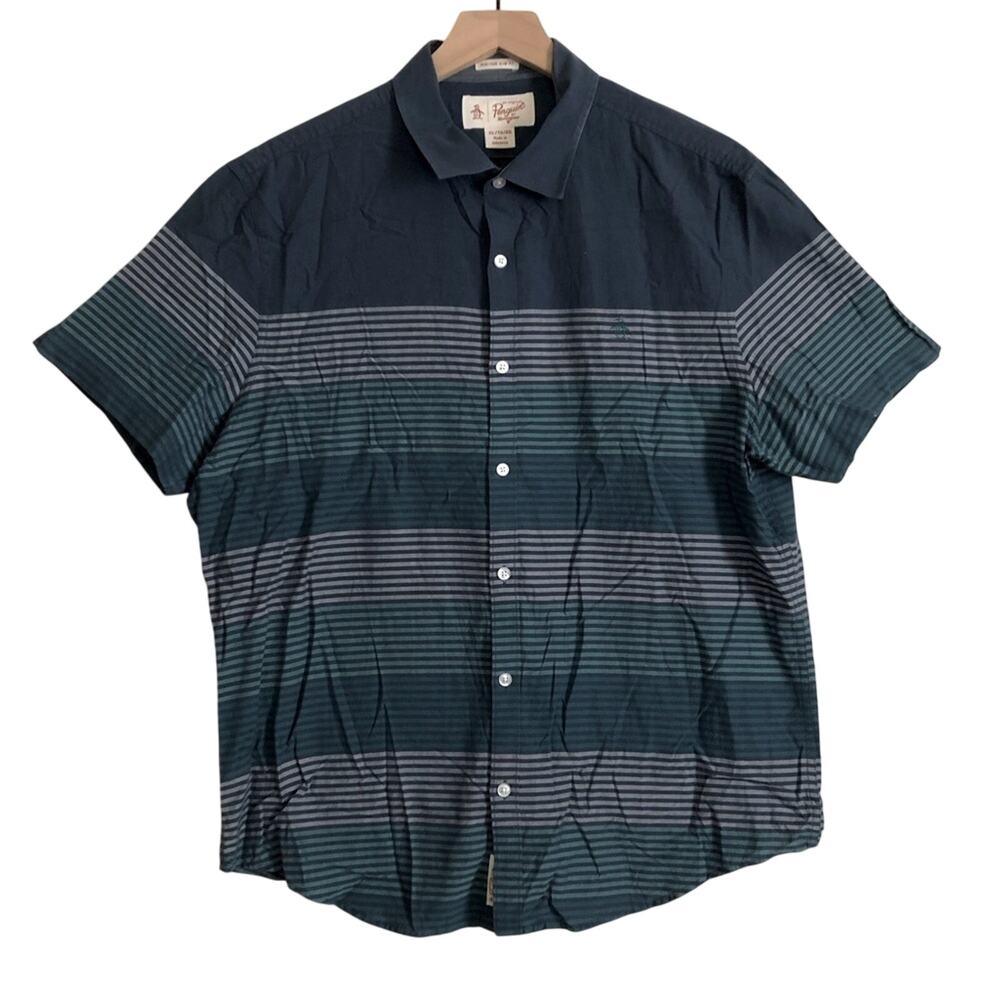 Original Penguin Heritage Slim Fit Blue Stripe Short Sleeve Button Down Shirt XL